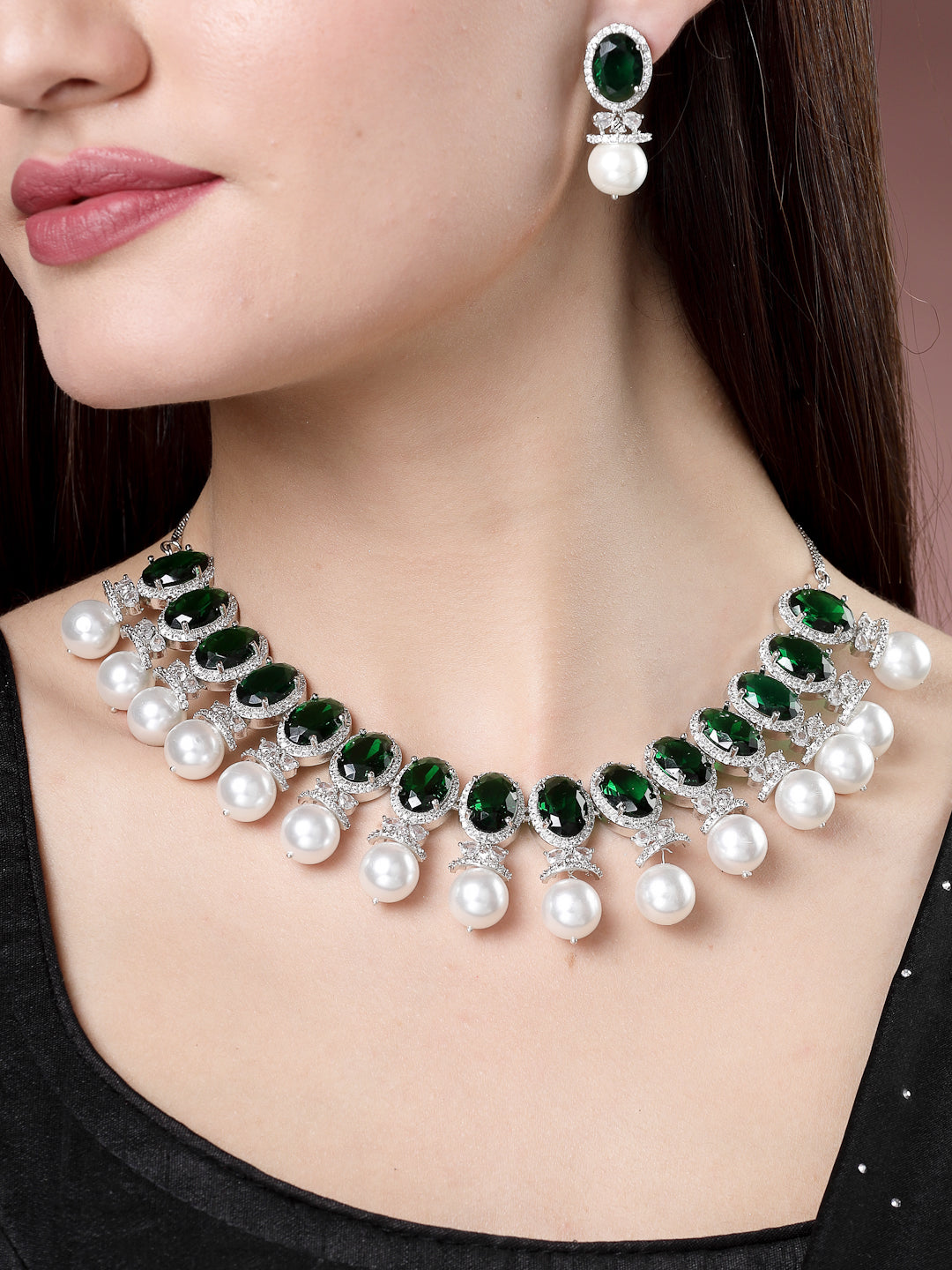 Women's Silver-Plated Green American Diamond Studded Handcrafted Jewellery Set - Nvr
