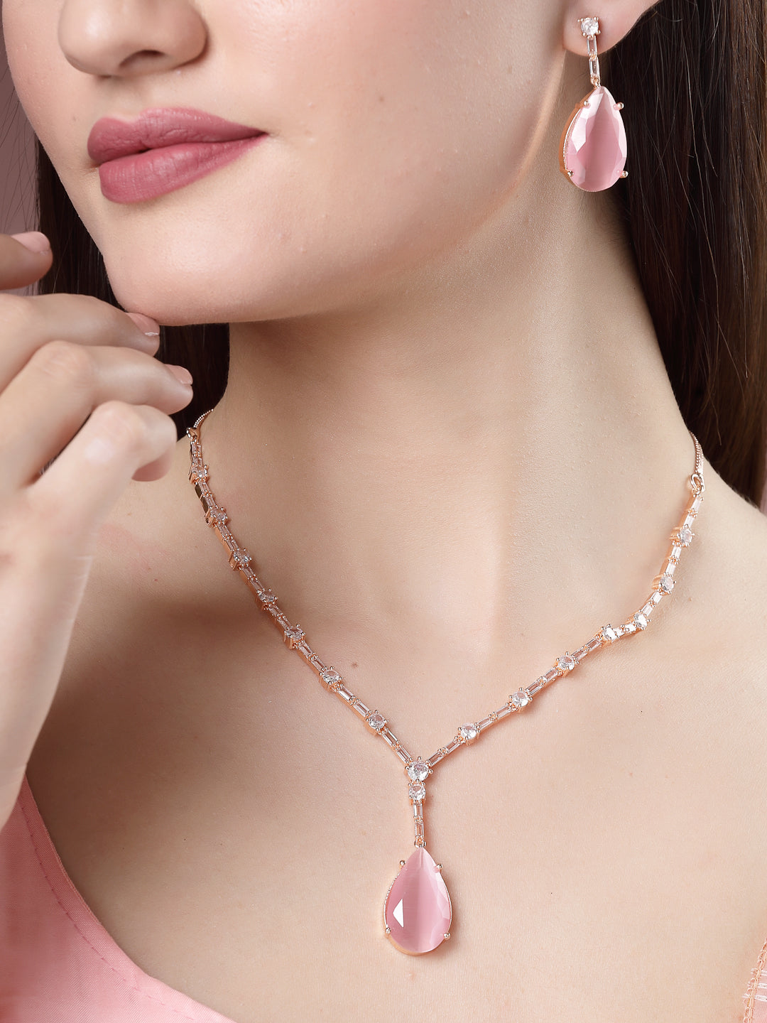 Women's Rose Gold Artificial Stones Studded Handcrafted Jewellery Set