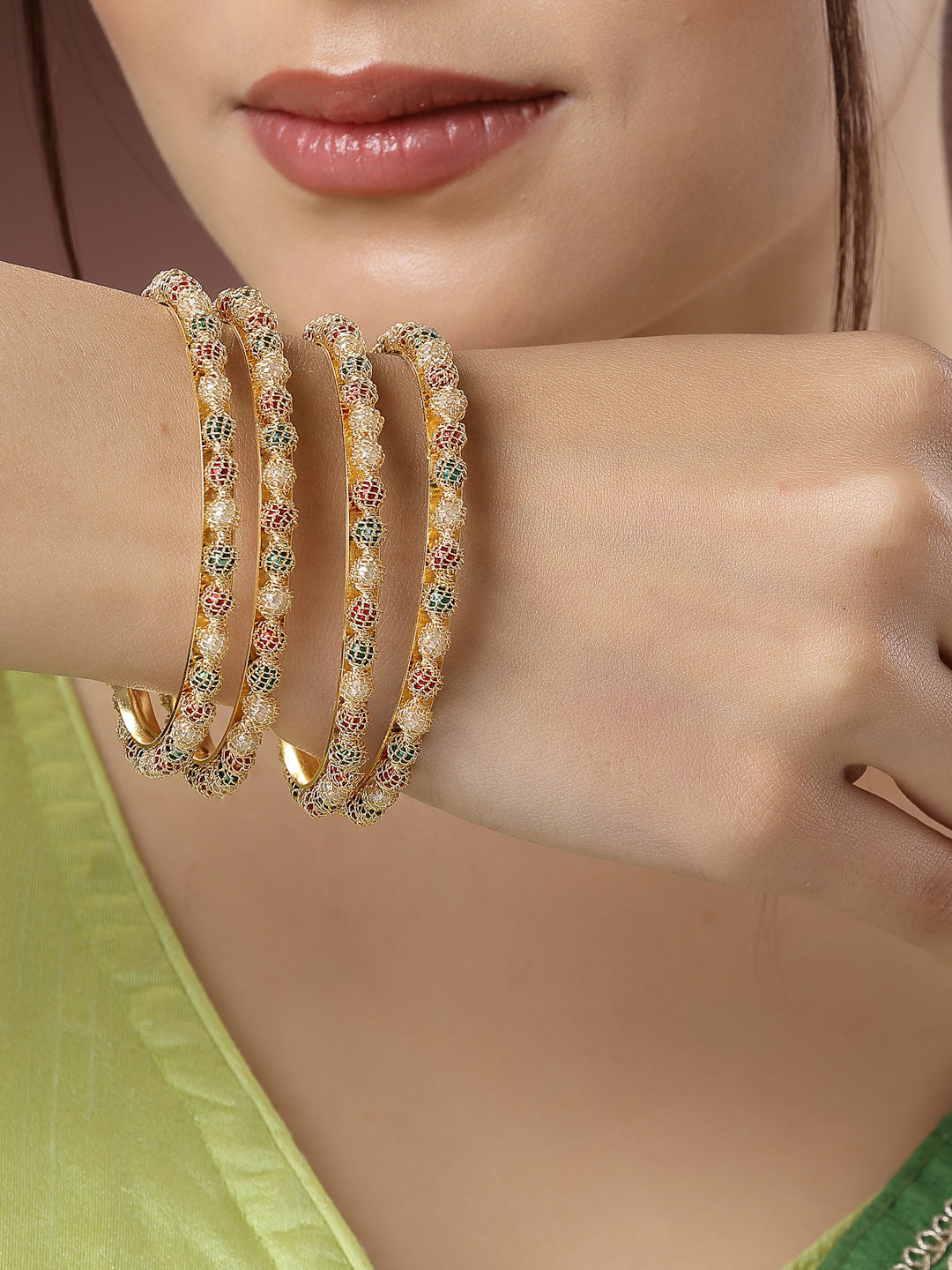 Women's Set Of 4 Gold-Plated Beads Handcrafted Traditional Bangles