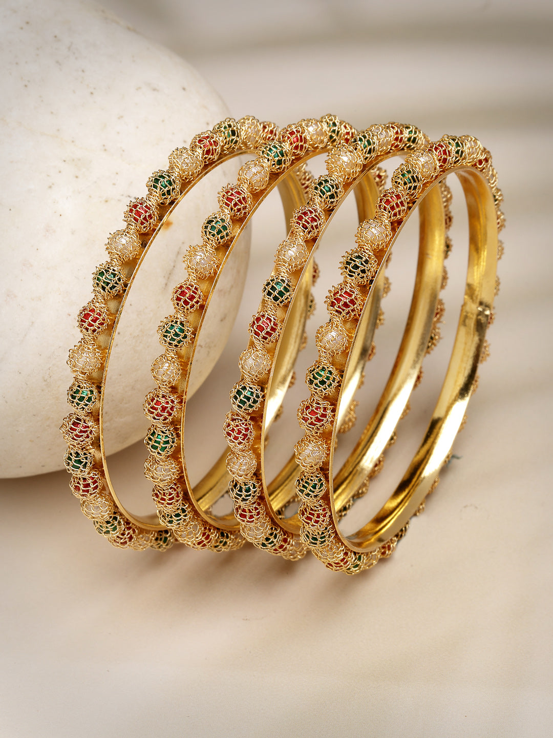 Women's Set Of 4 Gold-Plated Beads Handcrafted Traditional Bangles - Nvr