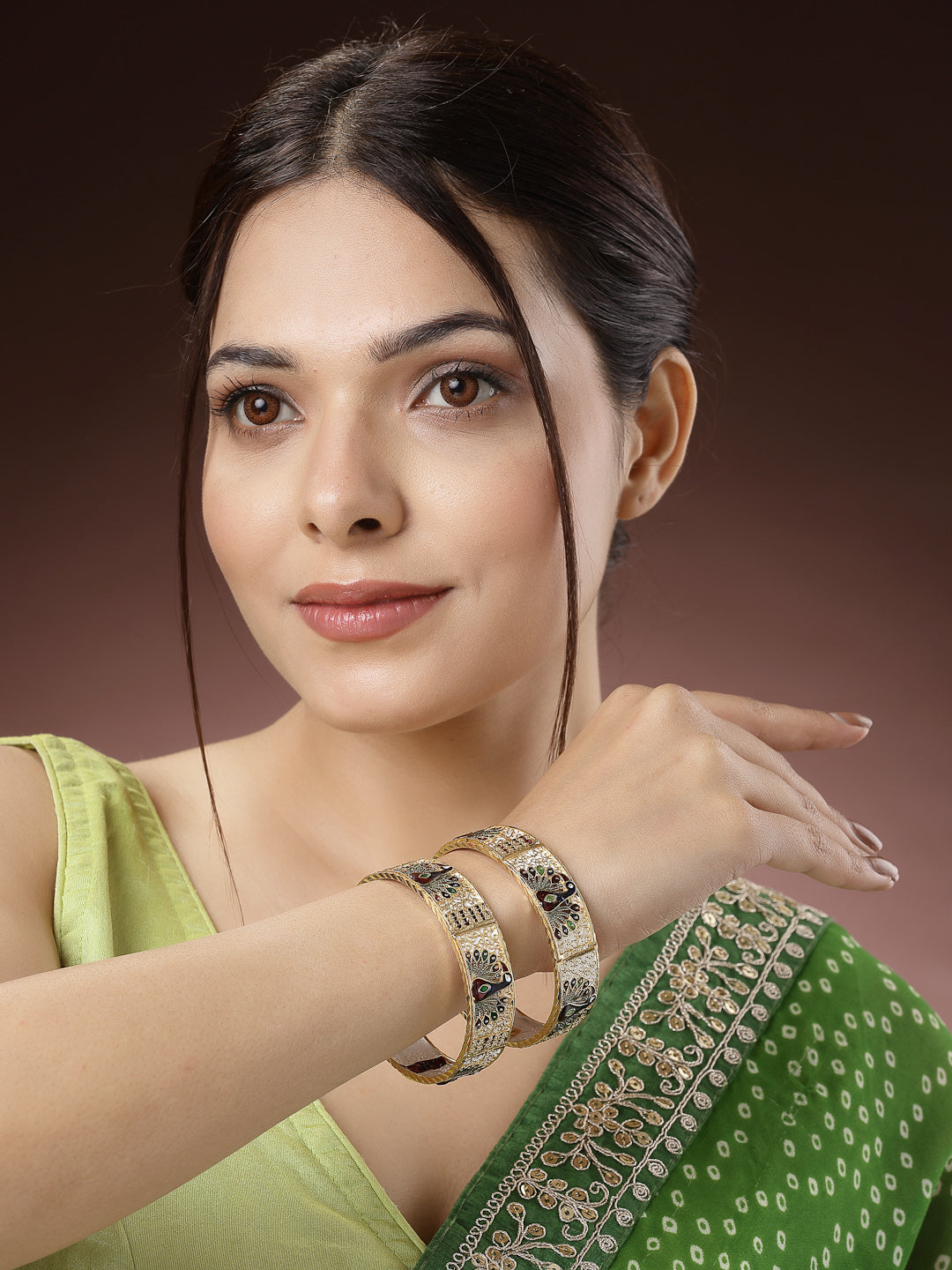 Women's Set Of 2 Gold-Plated Peacock Design Meenakari Handcrafted Bangles
