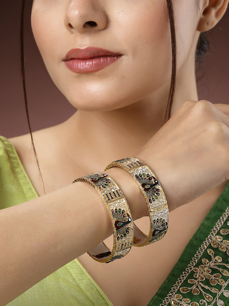 Women's Set Of 2 Gold-Plated Peacock Design Meenakari Handcrafted Bangles