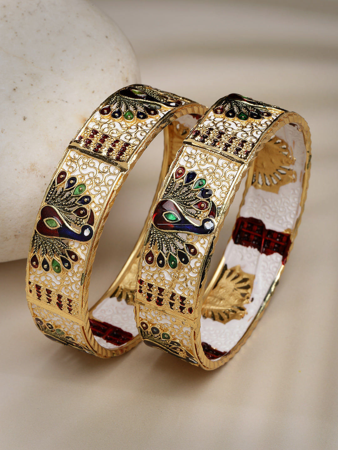 Women's Set Of 2 Gold-Plated Peacock Design Meenakari Handcrafted Bangles