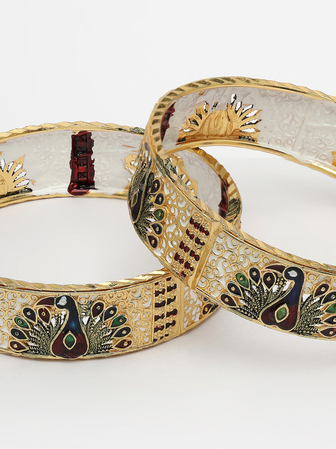 Women's Set Of 2 Gold-Plated Peacock Design Meenakari Handcrafted Bangles