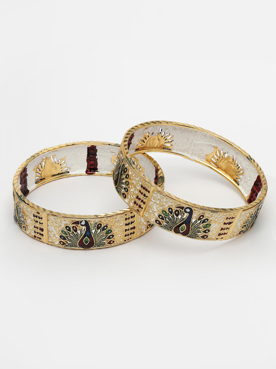 Women's Set Of 2 Gold-Plated Peacock Design Meenakari Handcrafted Bangles