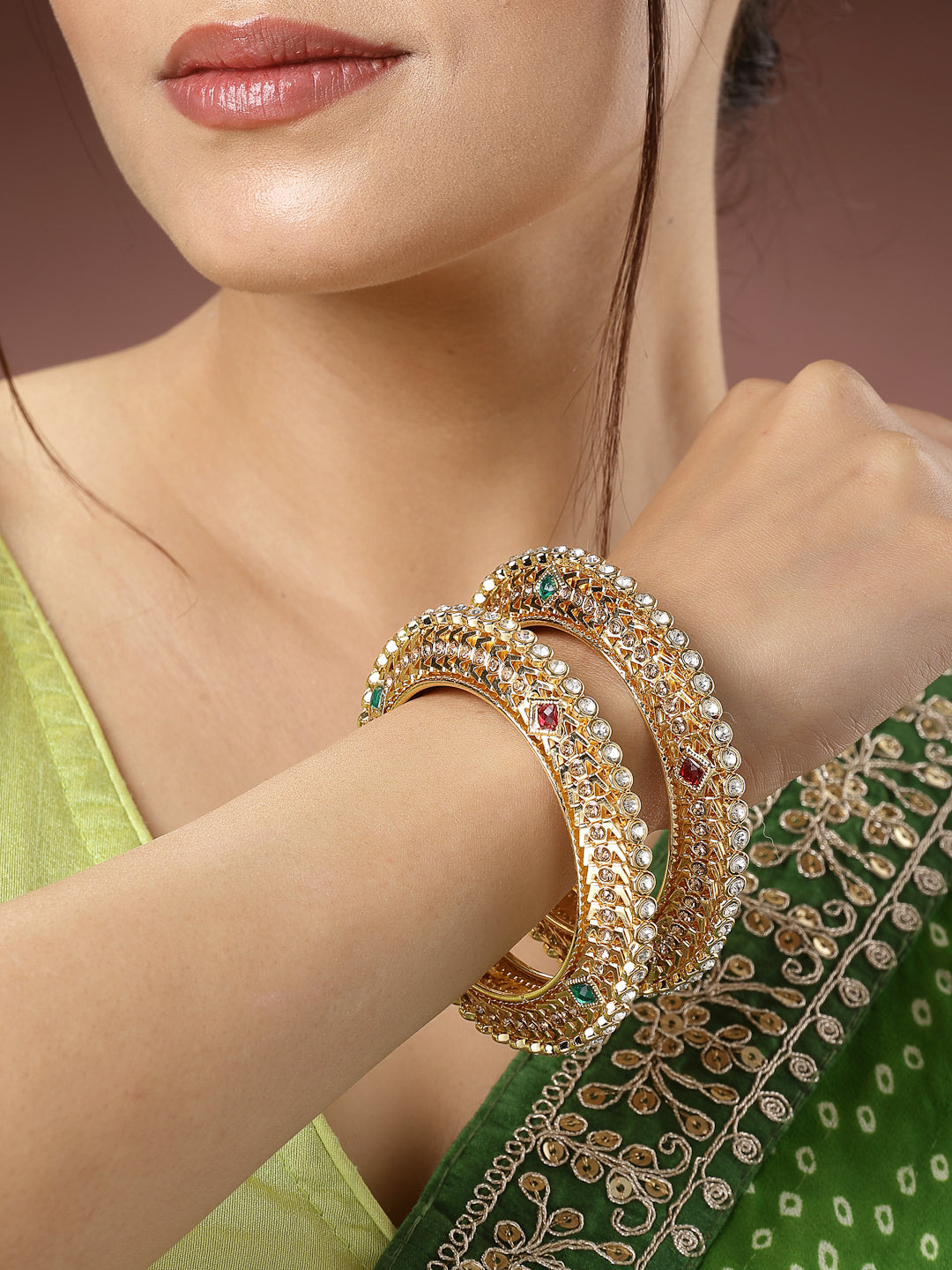 Women's Set Of 2 Gold-Plated Kundan Traditional Bangles