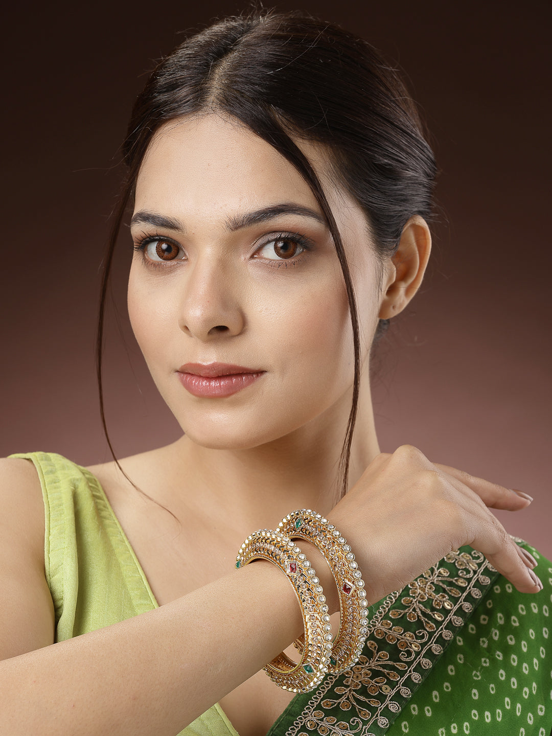 Women's Set Of 2 Gold-Plated Kundan Traditional Bangles