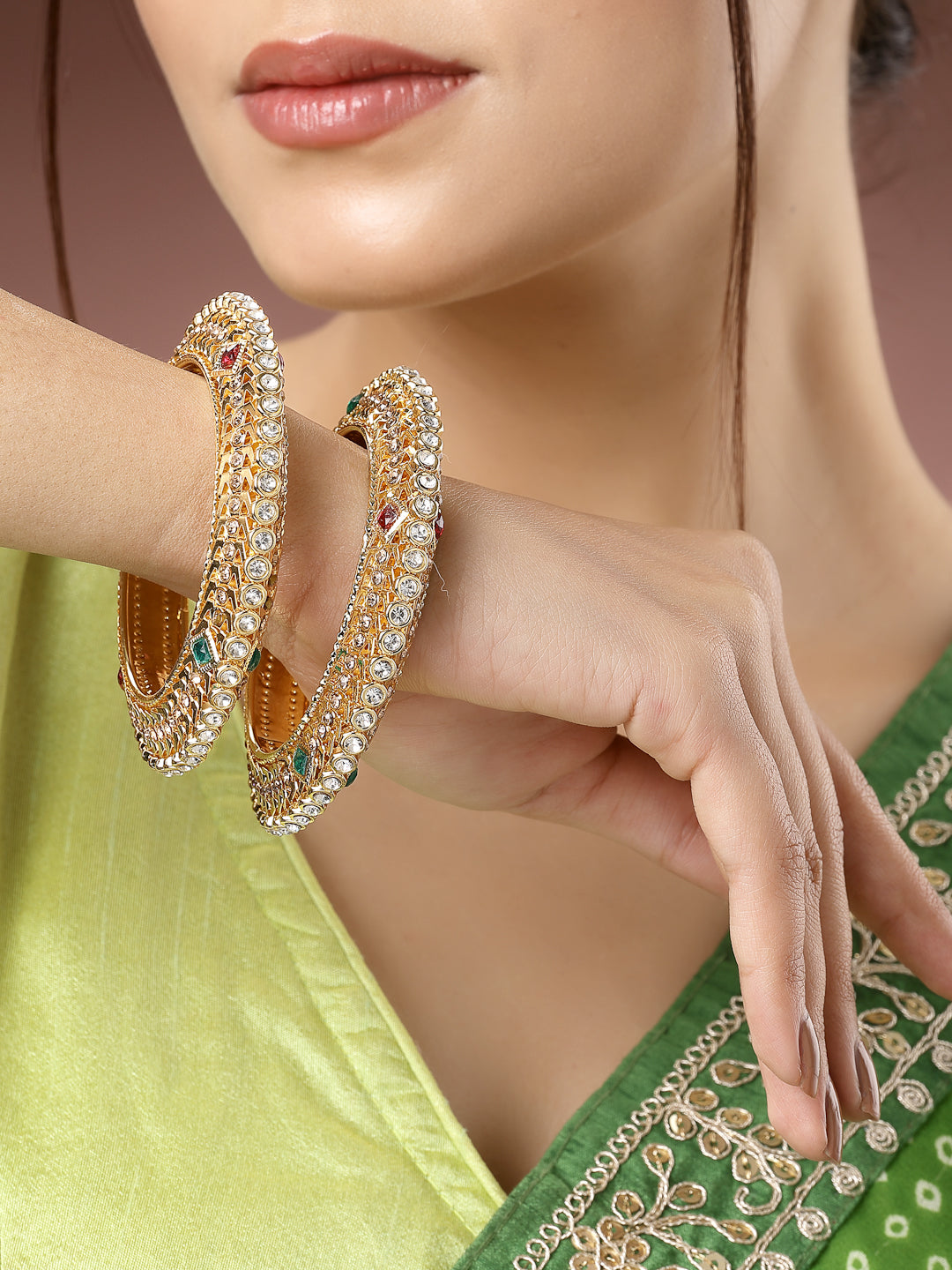 Women's Set Of 2 Gold-Plated Kundan Traditional Bangles