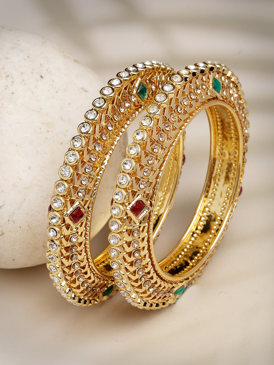 Women's Set Of 2 Gold-Plated Kundan Traditional Bangles