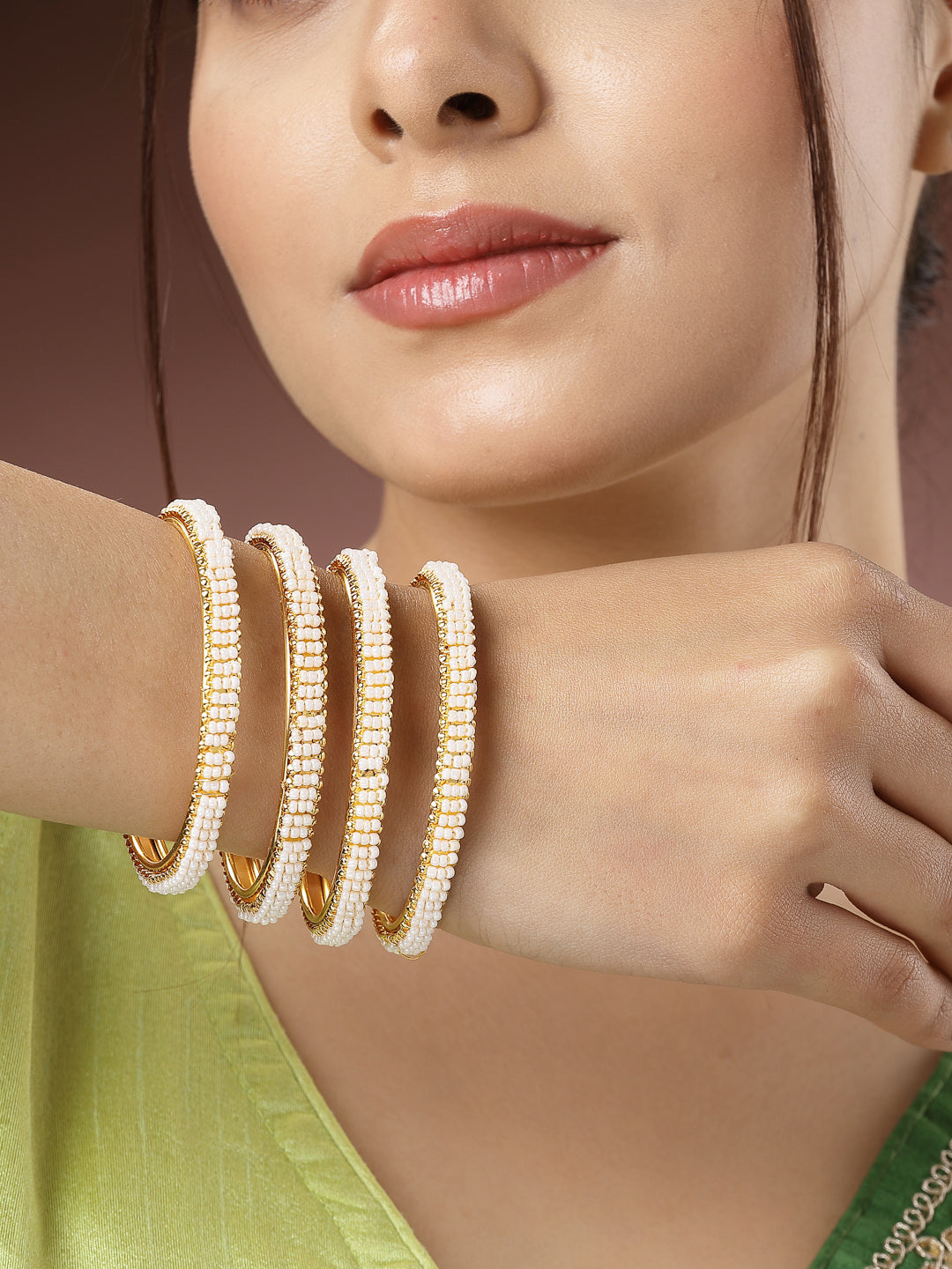 Women's Set Of 4 Gold-Plated Pearl Handcrafted Traditional Bangles