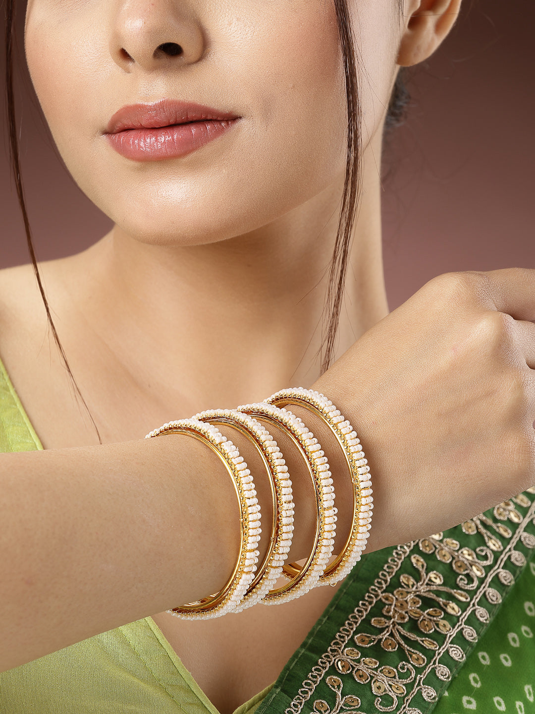 Women's Set Of 4 Gold-Plated Pearl Handcrafted Traditional Bangles