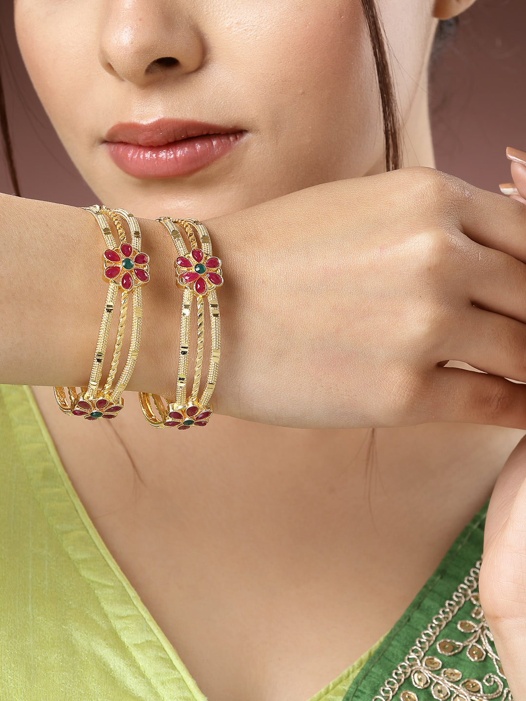 Women's Set Of 2 Gold-Plated Artificial Stones Handcrafted Traditional Bangles