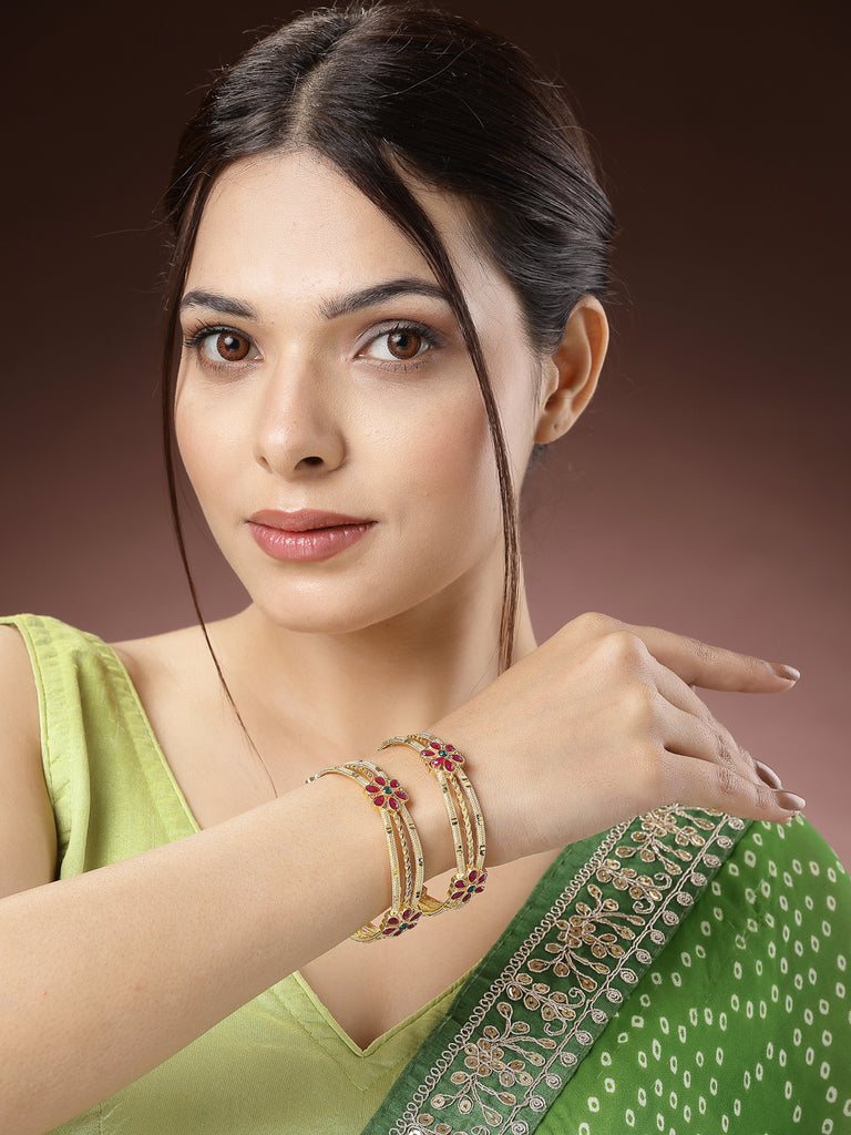Women's Set Of 2 Gold-Plated Artificial Stones Handcrafted Traditional Bangles