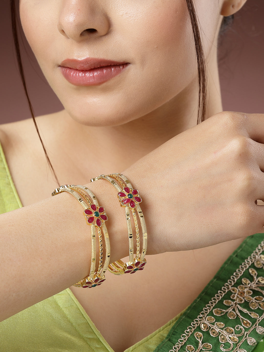 Women's Set Of 2 Gold-Plated Artificial Stones Handcrafted Traditional Bangles