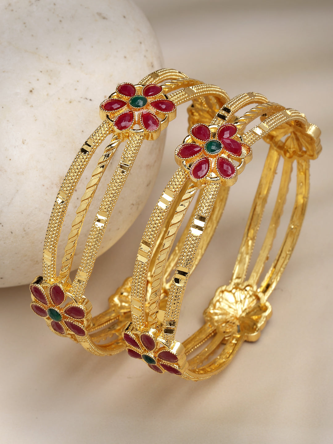Women's Set Of 2 Gold-Plated Artificial Stones Handcrafted Traditional Bangles