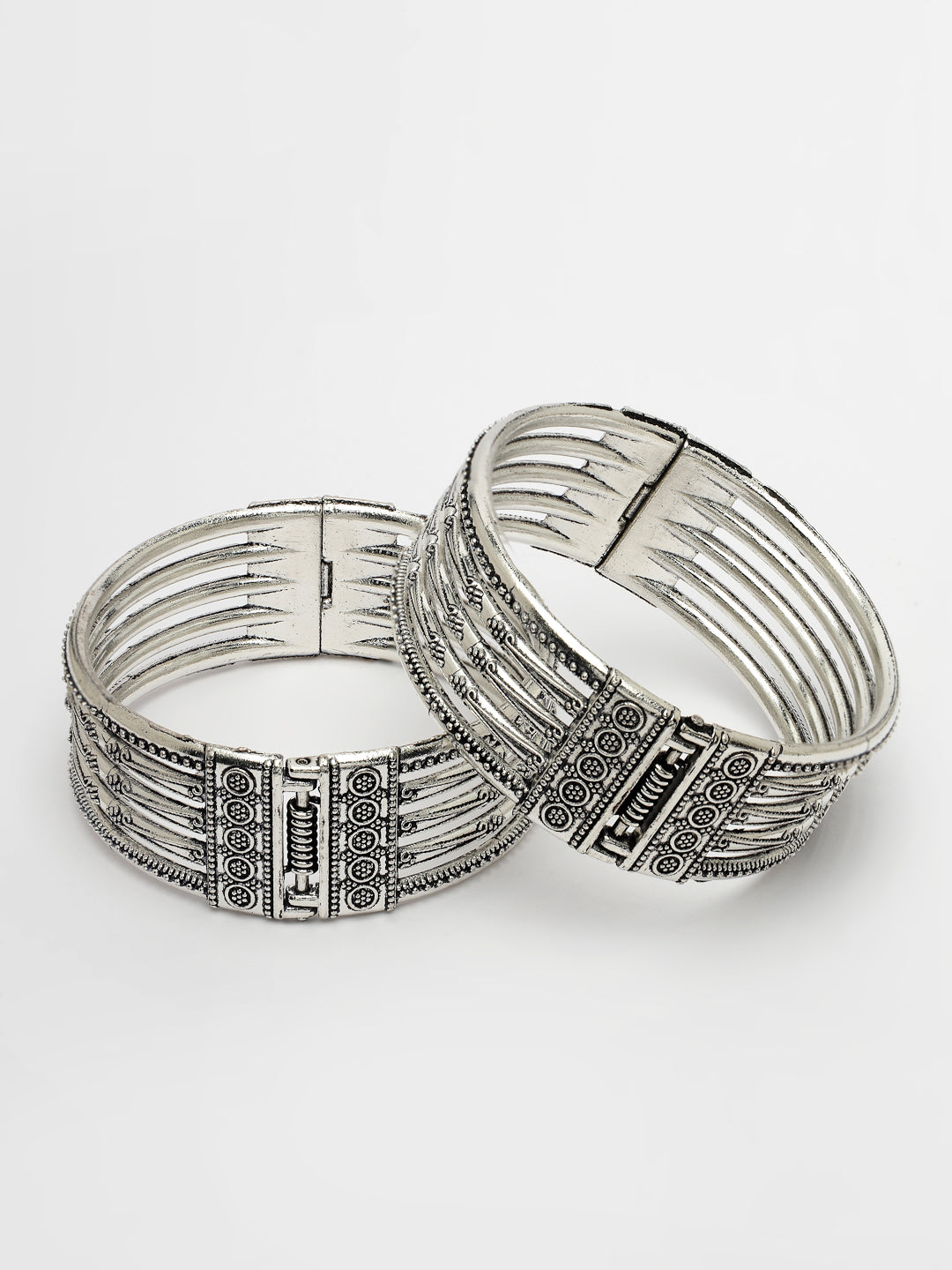 Women's Set Of 2 Silver-Toned German Silver Oxidised Kada Bangle