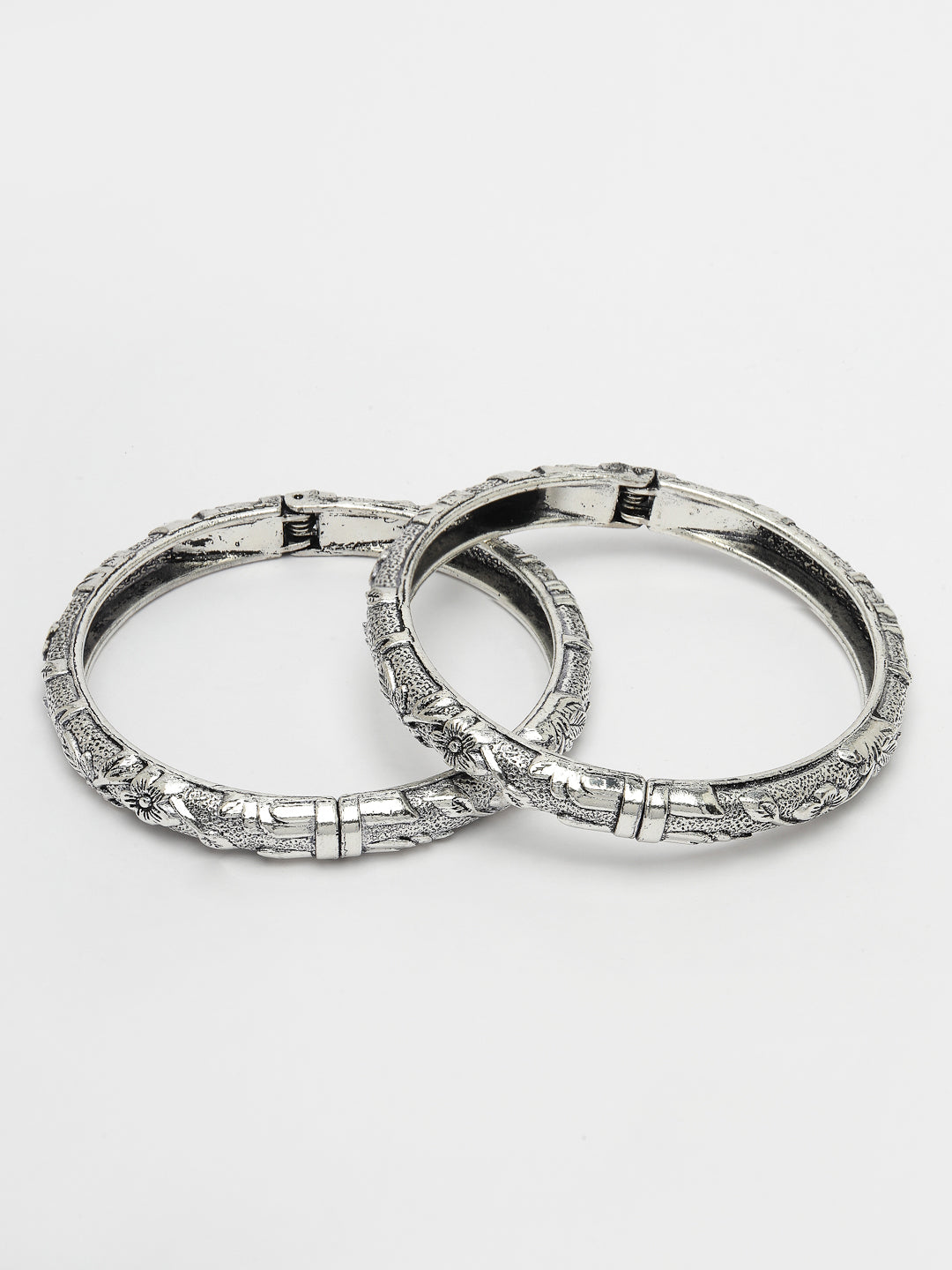 Women's Set Of 2 Silver-Toned German Silver Floral Oxidised Kada Bangle