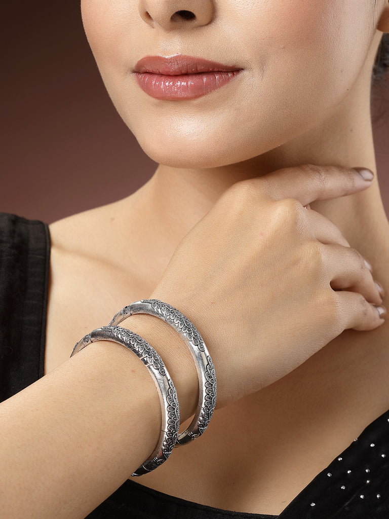 Women's Silver-Toned German Silver Peacock Design Oxidised Kada Bangle