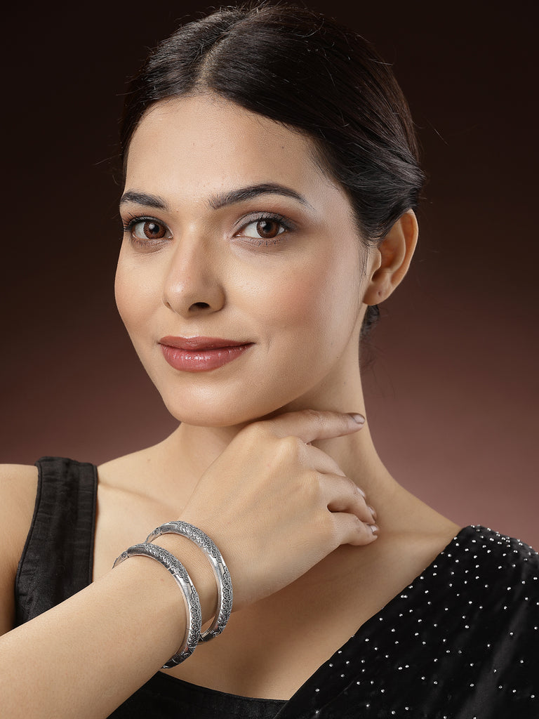 Women's Silver-Toned German Silver Peacock Design Oxidised Kada Bangle