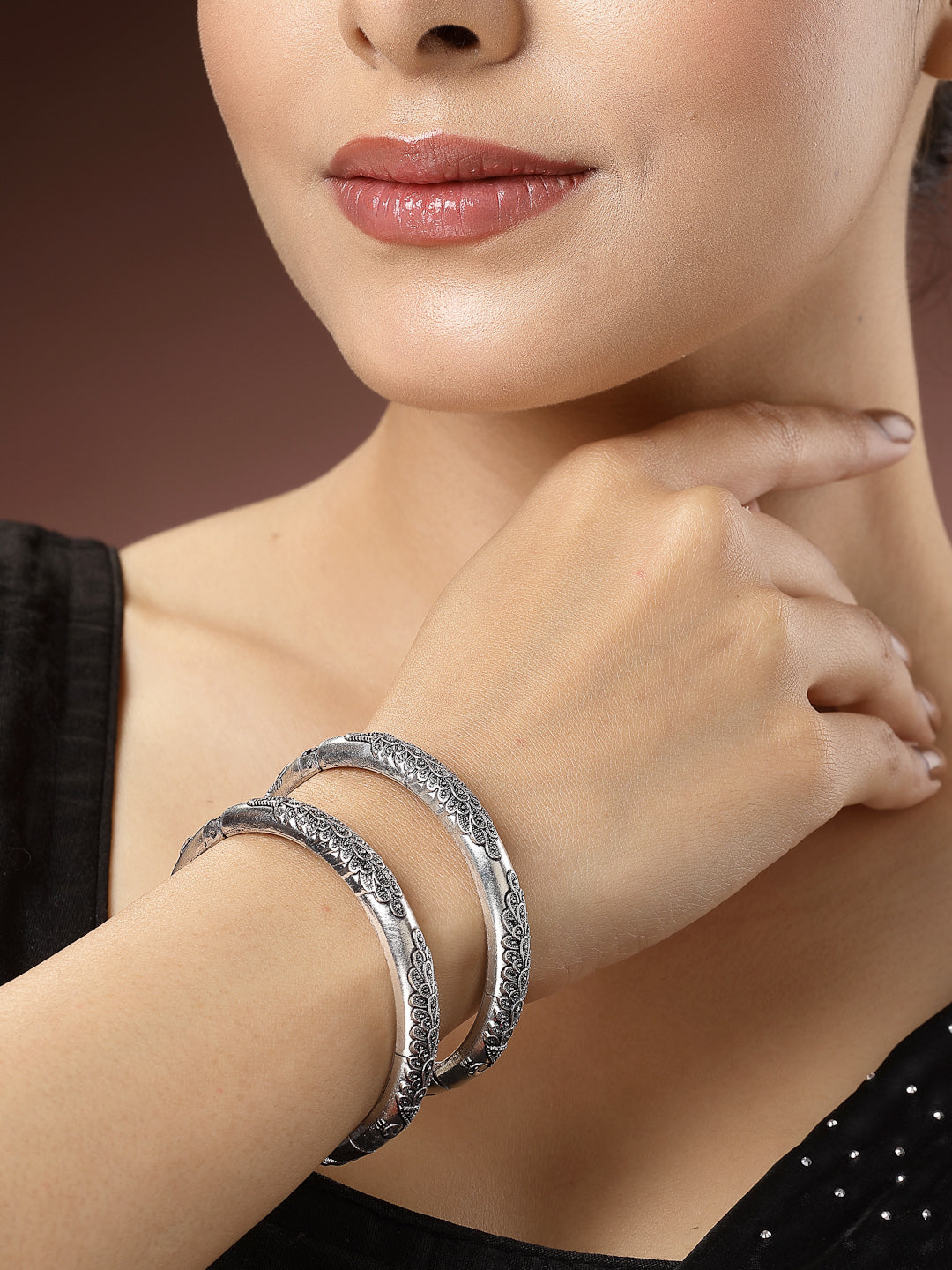 Women's Set Of 2 Silver-Toned German Silver Peacock Design Oxidised Kada Bangle