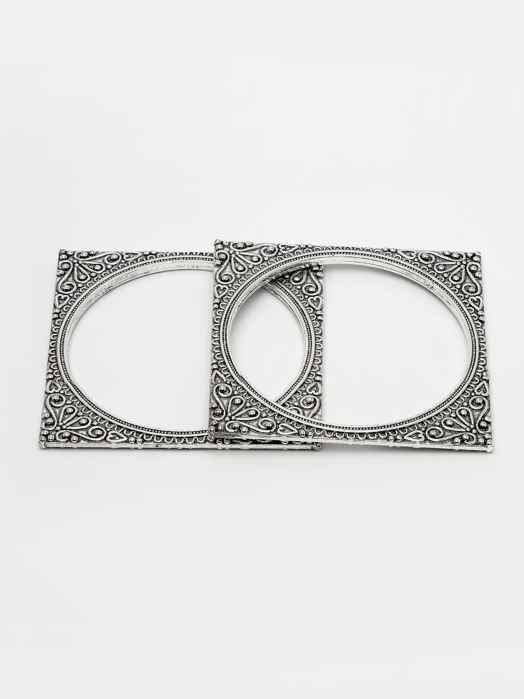Women's Set Of 2 Silver-Toned Oxidized Square Shaped Bangles - Nvr