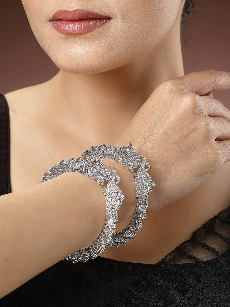 Women's Set Of 2  Silver-Toned German Silve Oxidised Elephant Design Handcrafted Bangles
