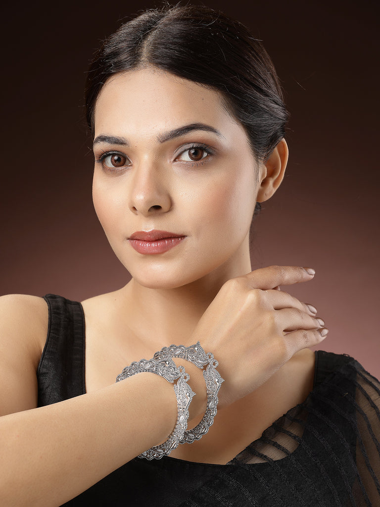Women's Set Of 2  Silver-Toned German Silve Oxidised Elephant Design Handcrafted Bangles