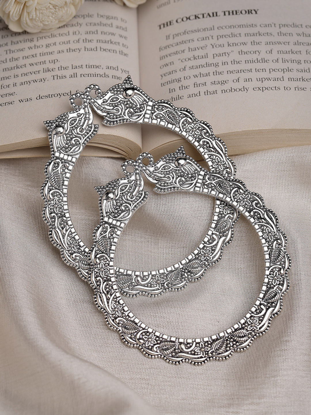 Women's Set Of 2  Silver-Toned German Silve Oxidised Elephant Design Handcrafted Bangles - Nvr
