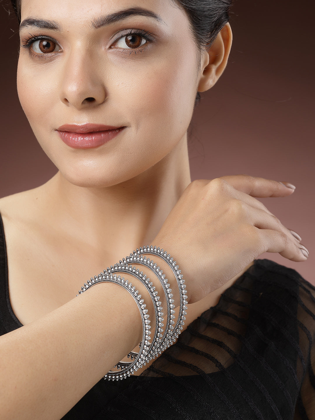 Women's Set Of 4 Silver-Toned German Silver Oxidised Bangles