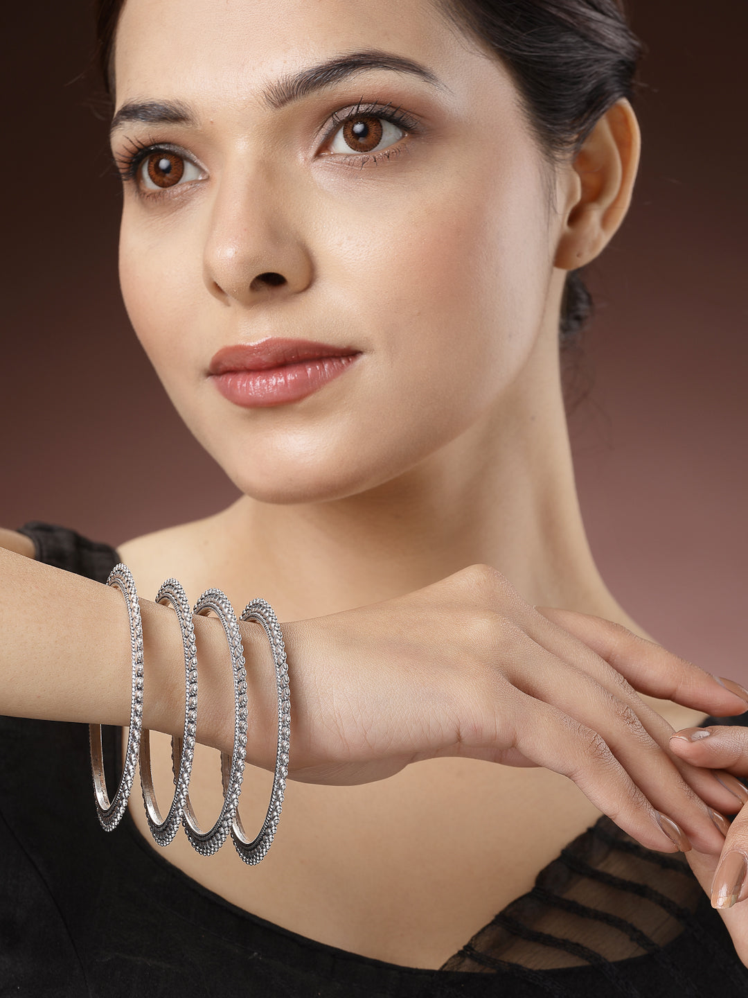 Women's Set Of 4 Silver-Toned German Silver Oxidised Bangles