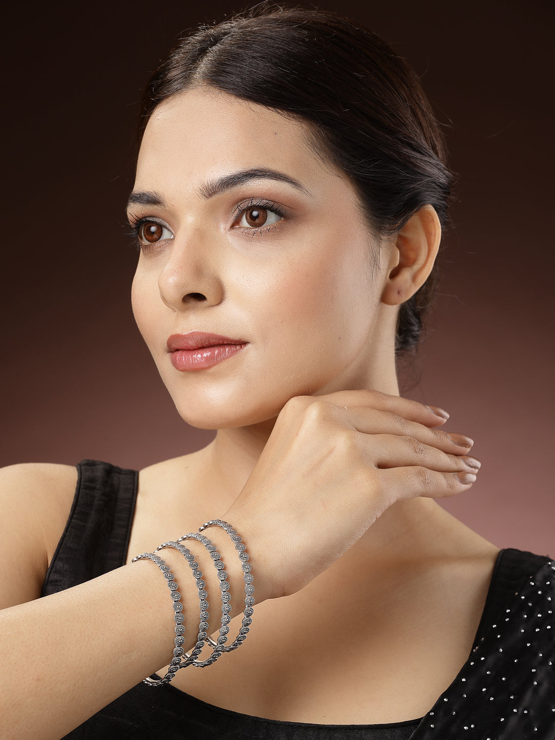 Women's Set Of 4 Silver-Toned German Silver Oxidised Bangles