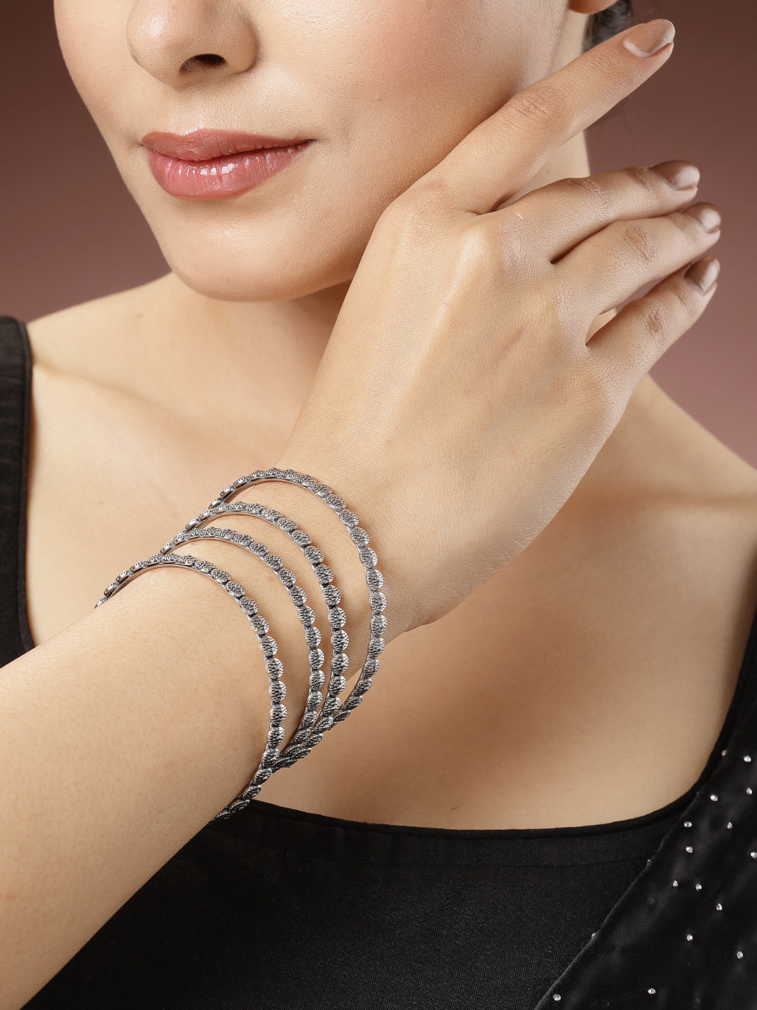 Women's Set Of 4 Silver-Toned German Silver Oxidised Bangles