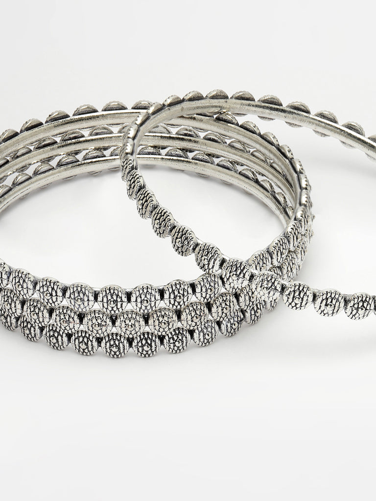 Women's Set Of 4 Silver-Toned German Silver Oxidised Bangles