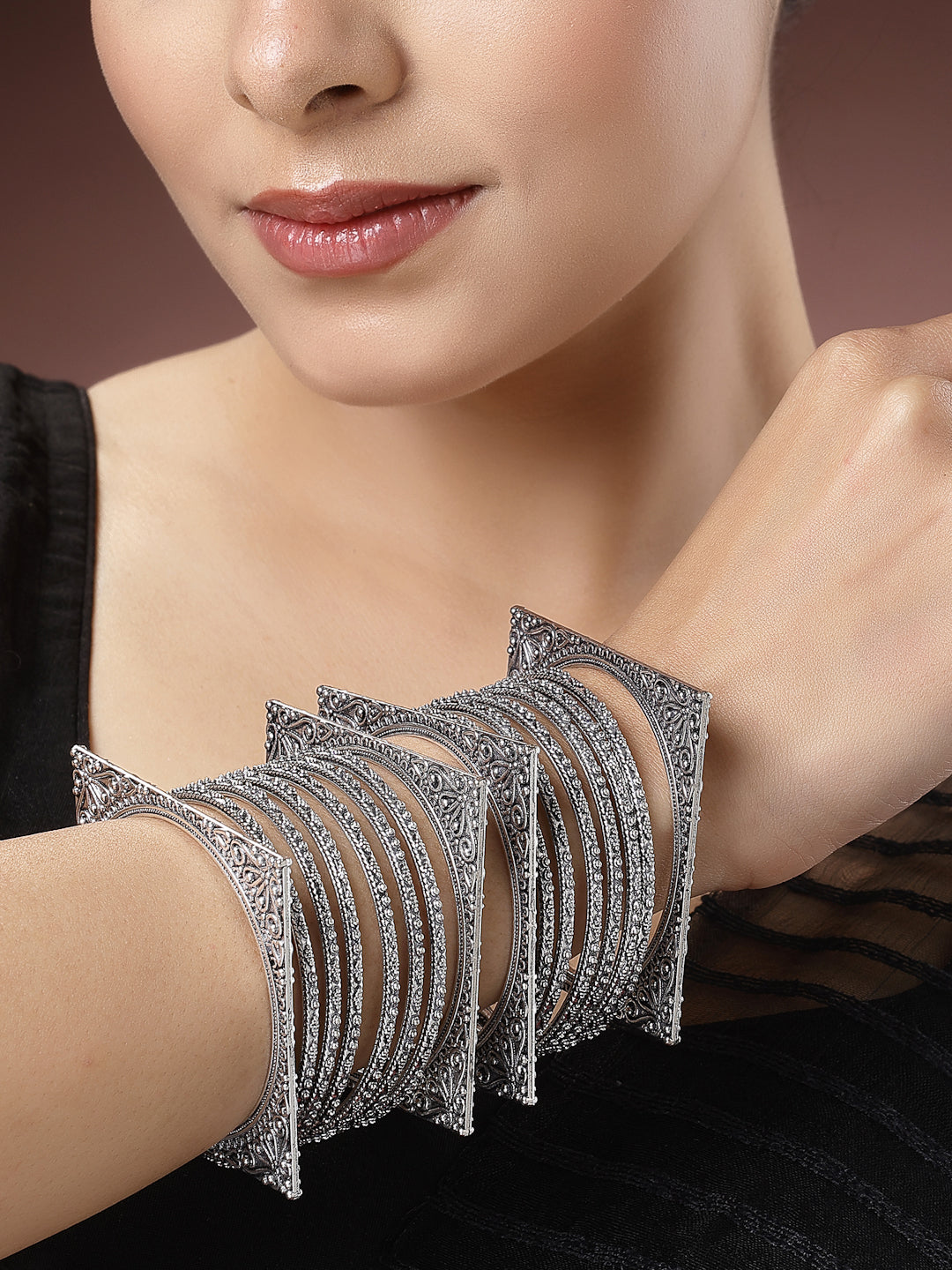 Women's Set Of 8 Silver-Toned German Silver Oxidised Bangles