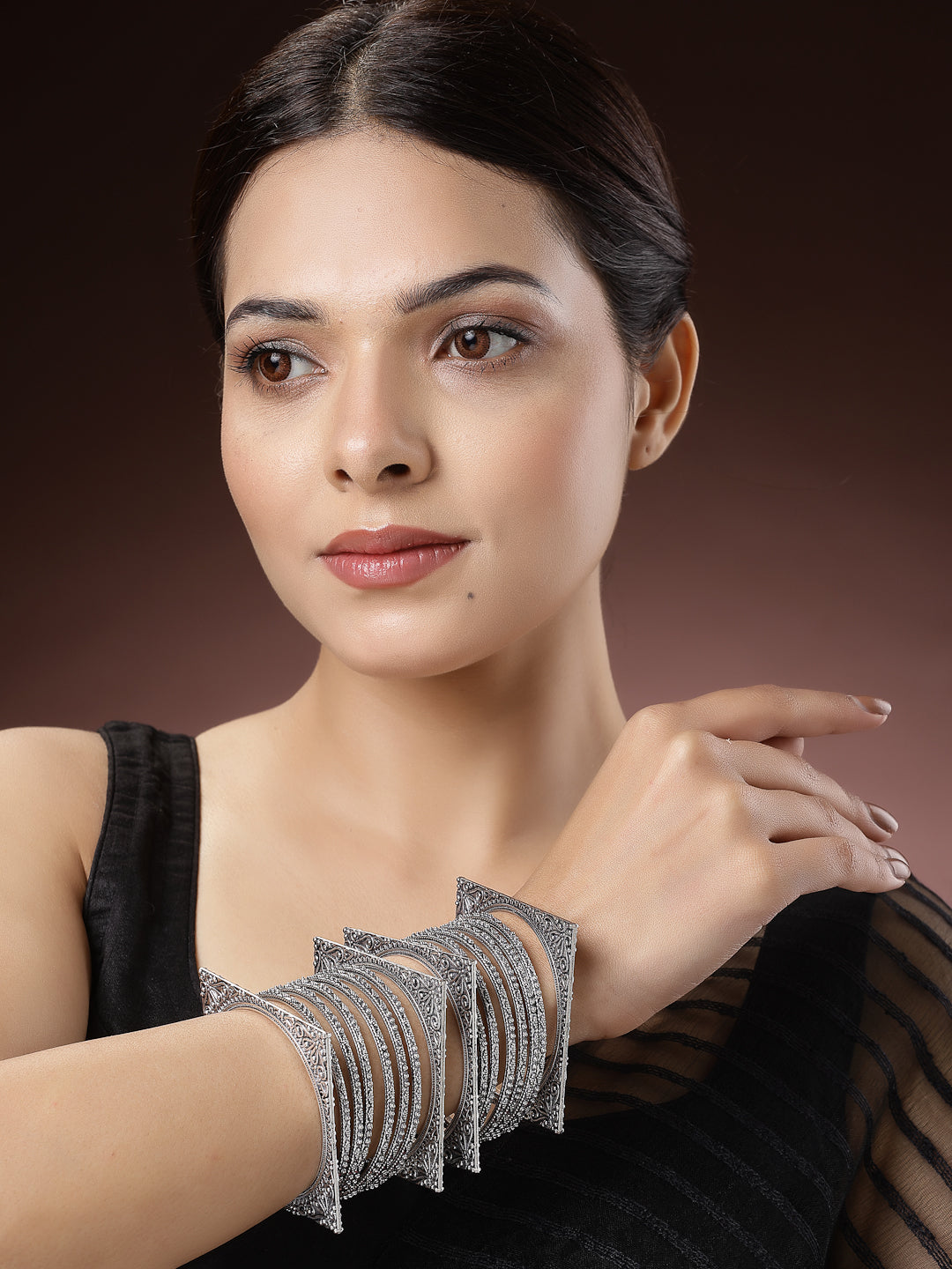 Women's Set Of 8 Silver-Toned German Silver Oxidised Bangles