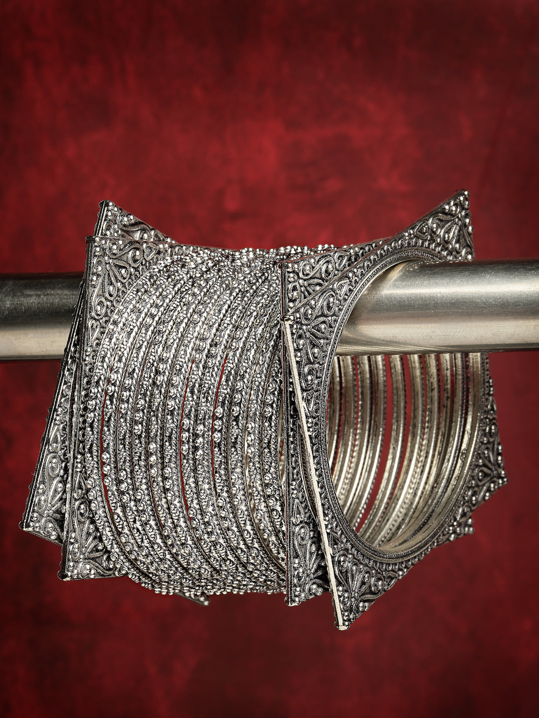 Women's Set Of 8 Silver-Toned German Silver Oxidised Bangles
