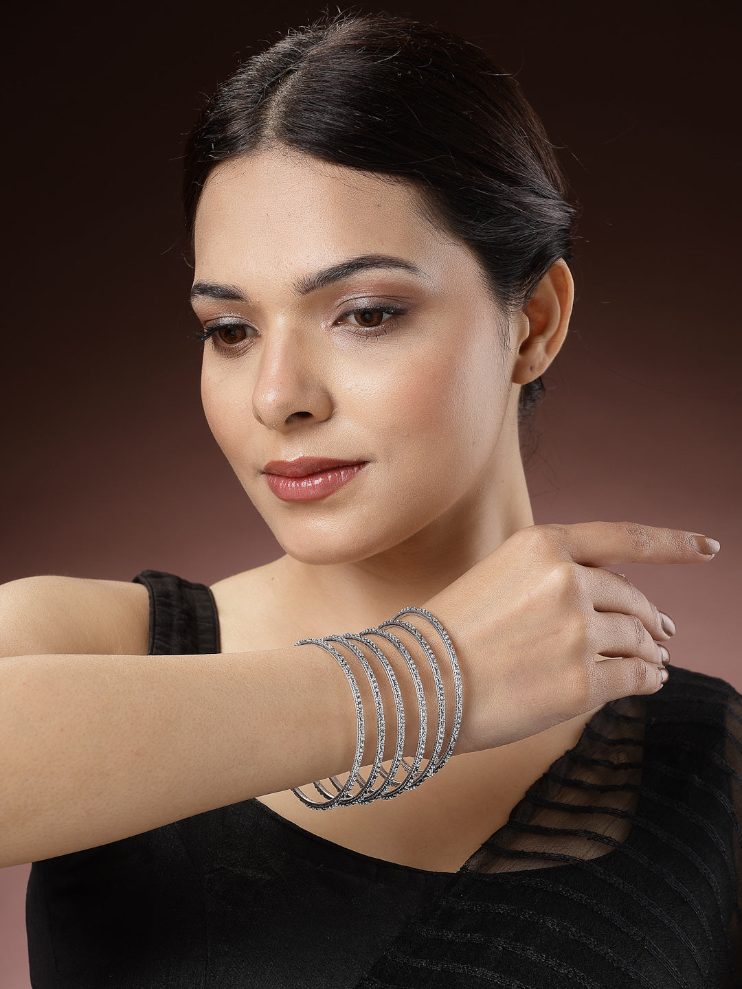 Women's Set Of 6 Silver-Toned German Silver Oxidised Bangles