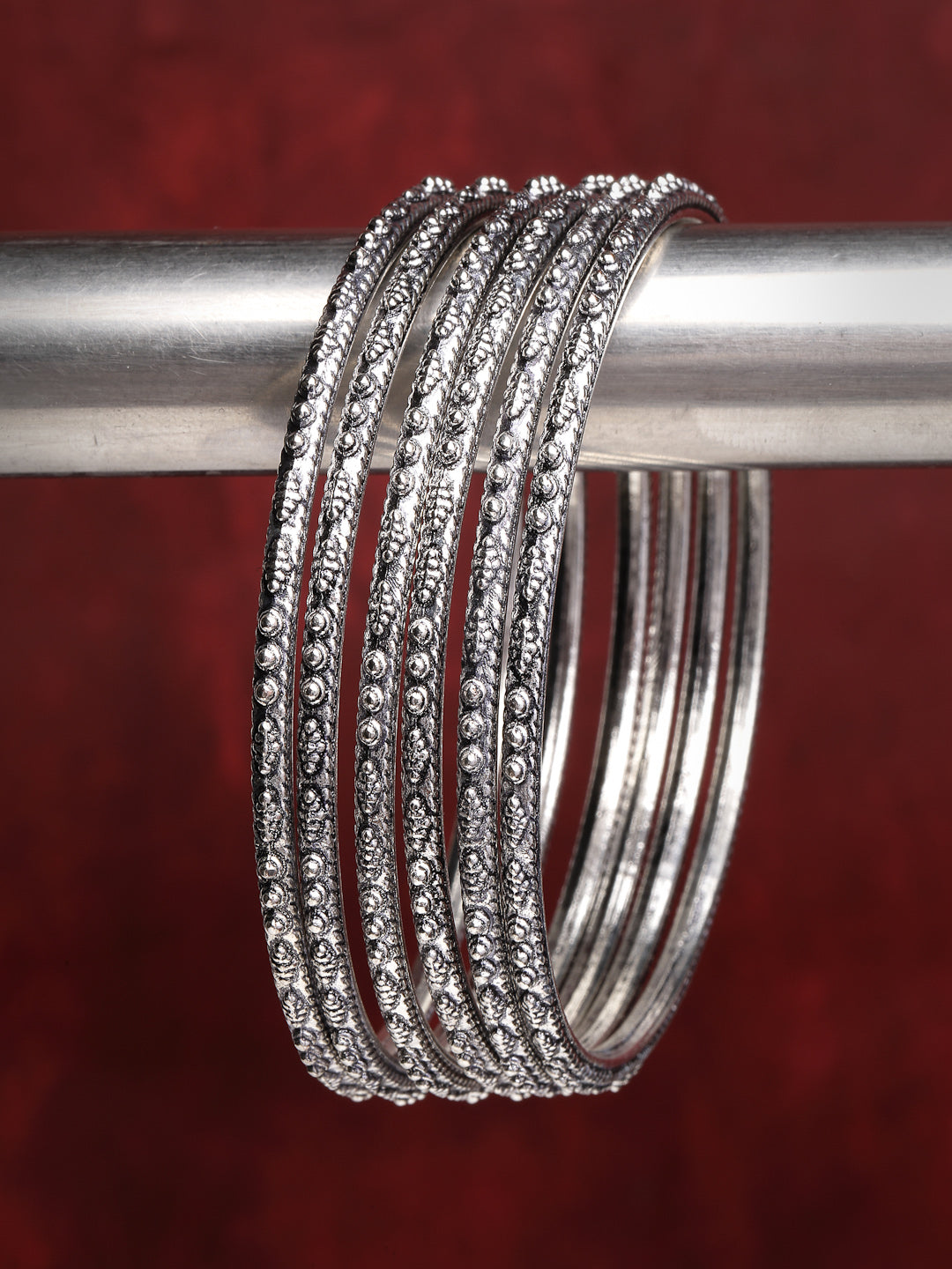 Women's Set Of 6 Silver-Toned German Silver Oxidised Bangles