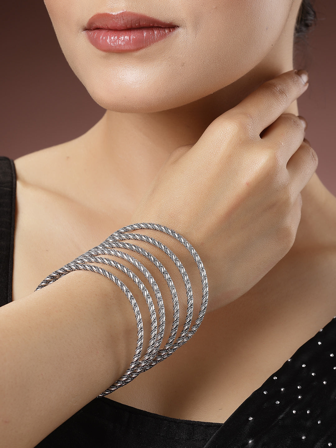 Women's Set Of 6 Silver-Toned German Silver Oxidised Bangles