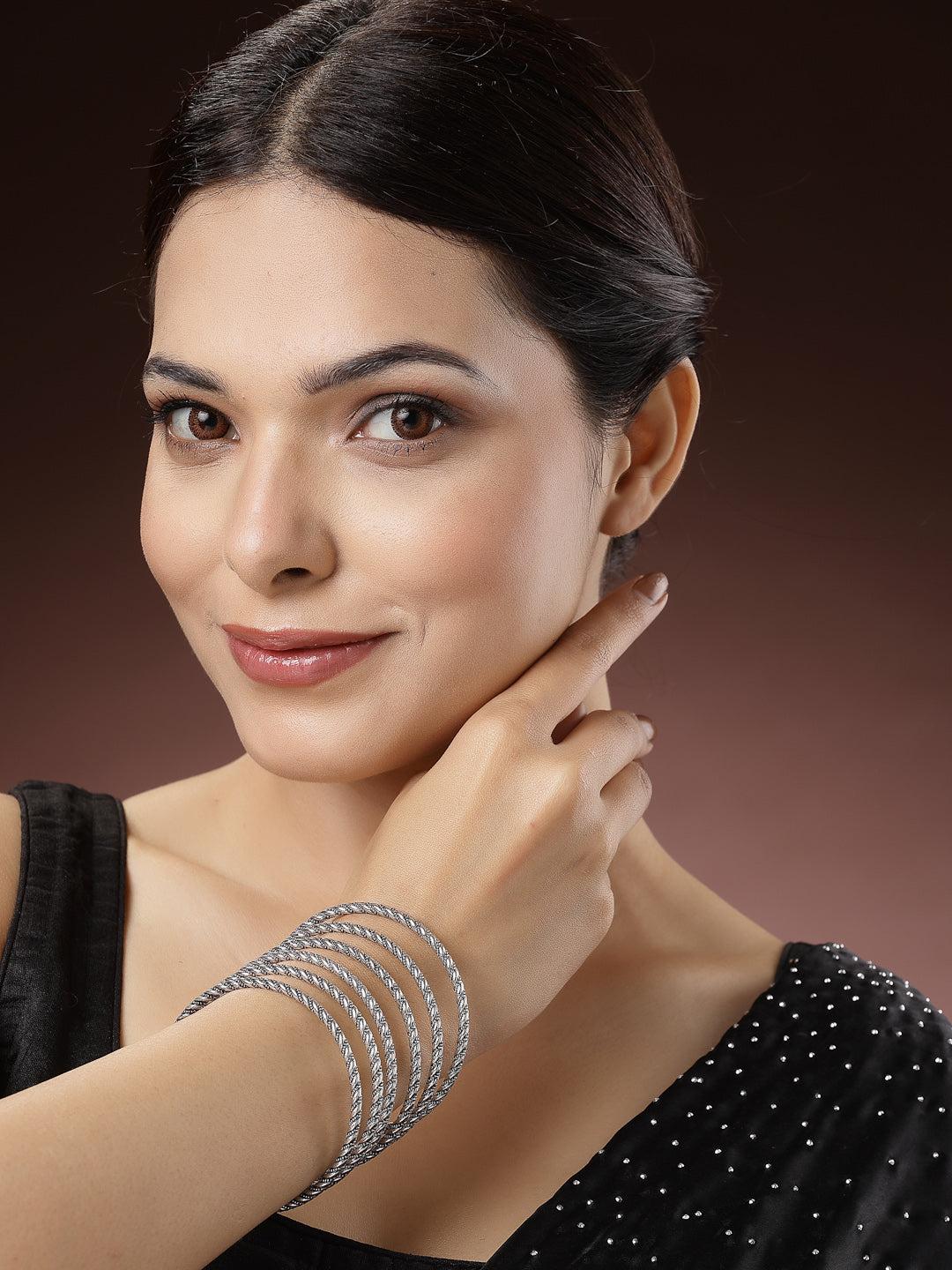Women's Set Of 6 Silver-Toned German Silver Oxidised Bangles