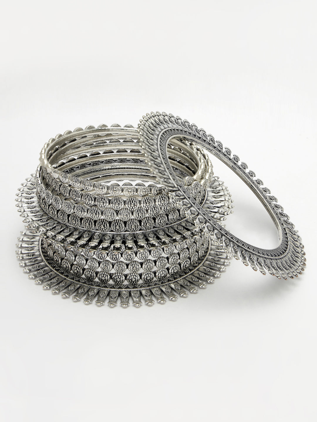 Women's Set Of 6 Silver-Toned German Silver Oxidised Bangles