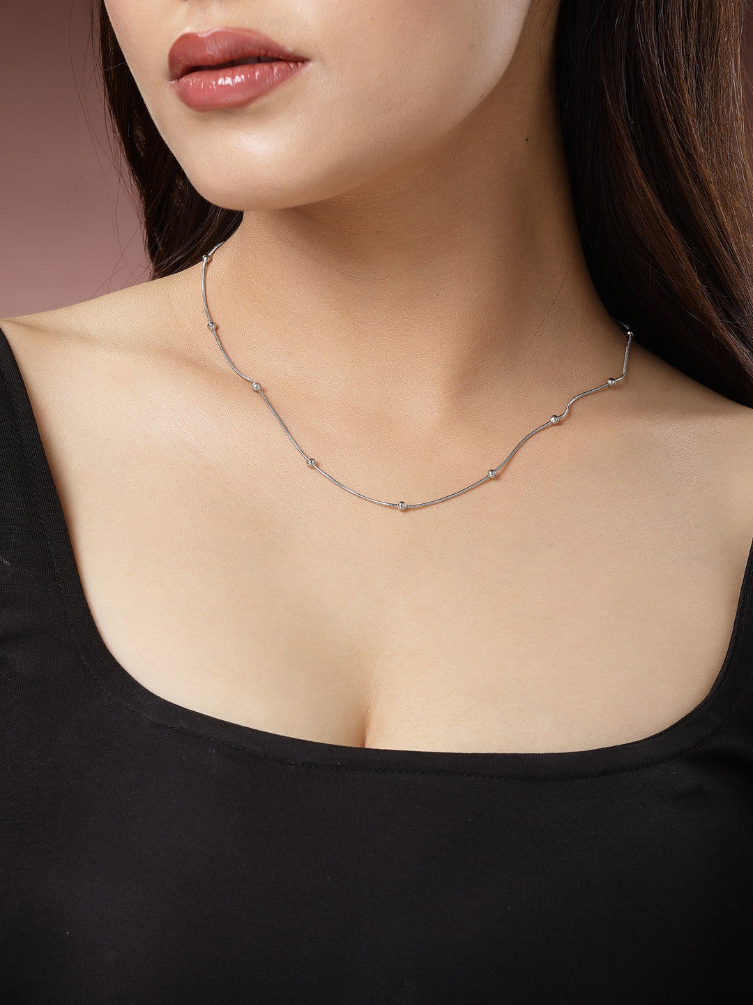 Women's Silver-Toned Artificial Beads German Silver Oxidised Chain
