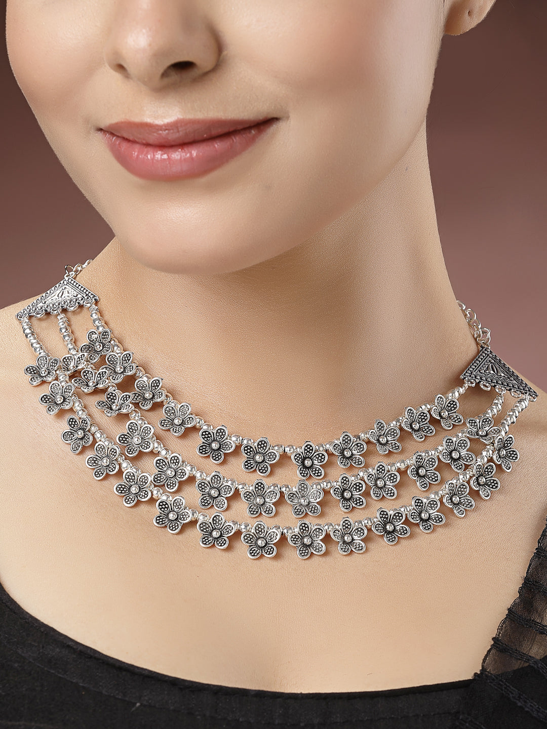 Women's 3 Layered Floral Shape Artificial Beads German Silver Oxidised Necklace