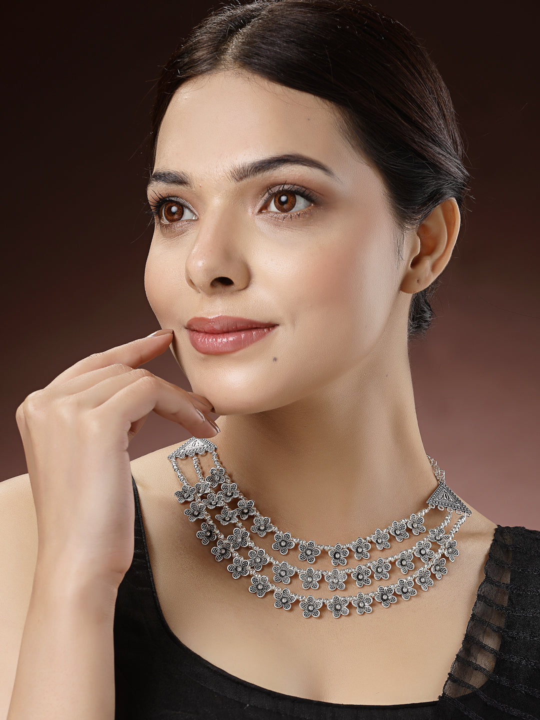 Women's 3 Layered Floral Shape Artificial Beads German Silver Oxidised Necklace