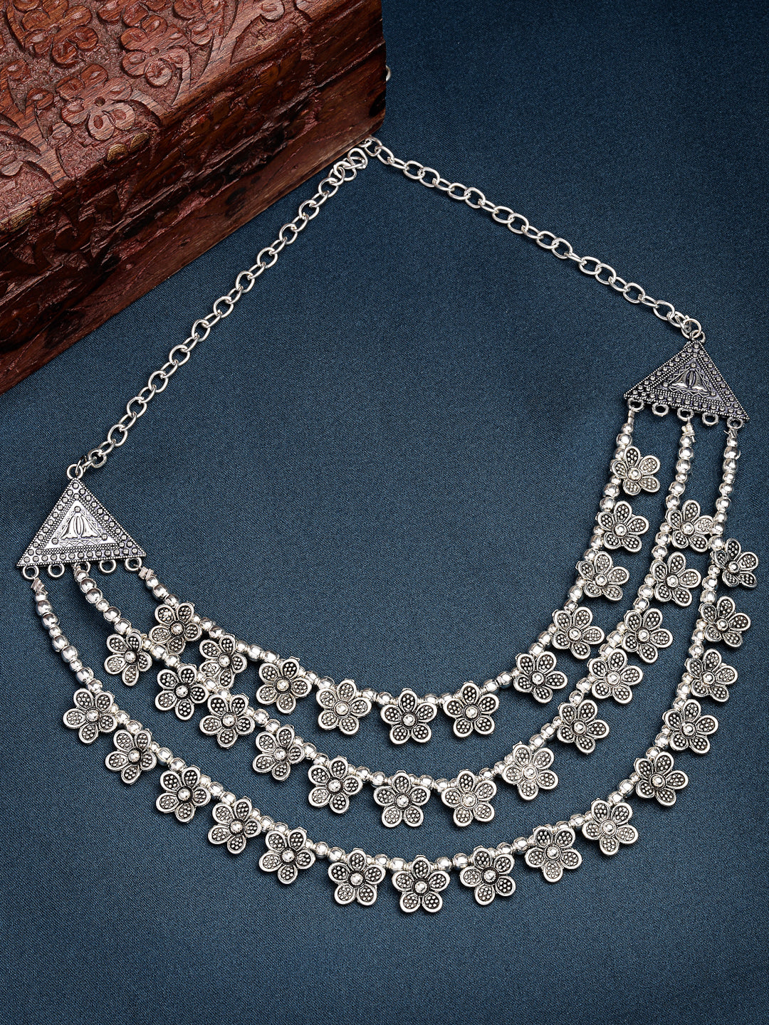 Women's 3 Layered Floral Shape Artificial Beads German Silver Oxidised Necklace