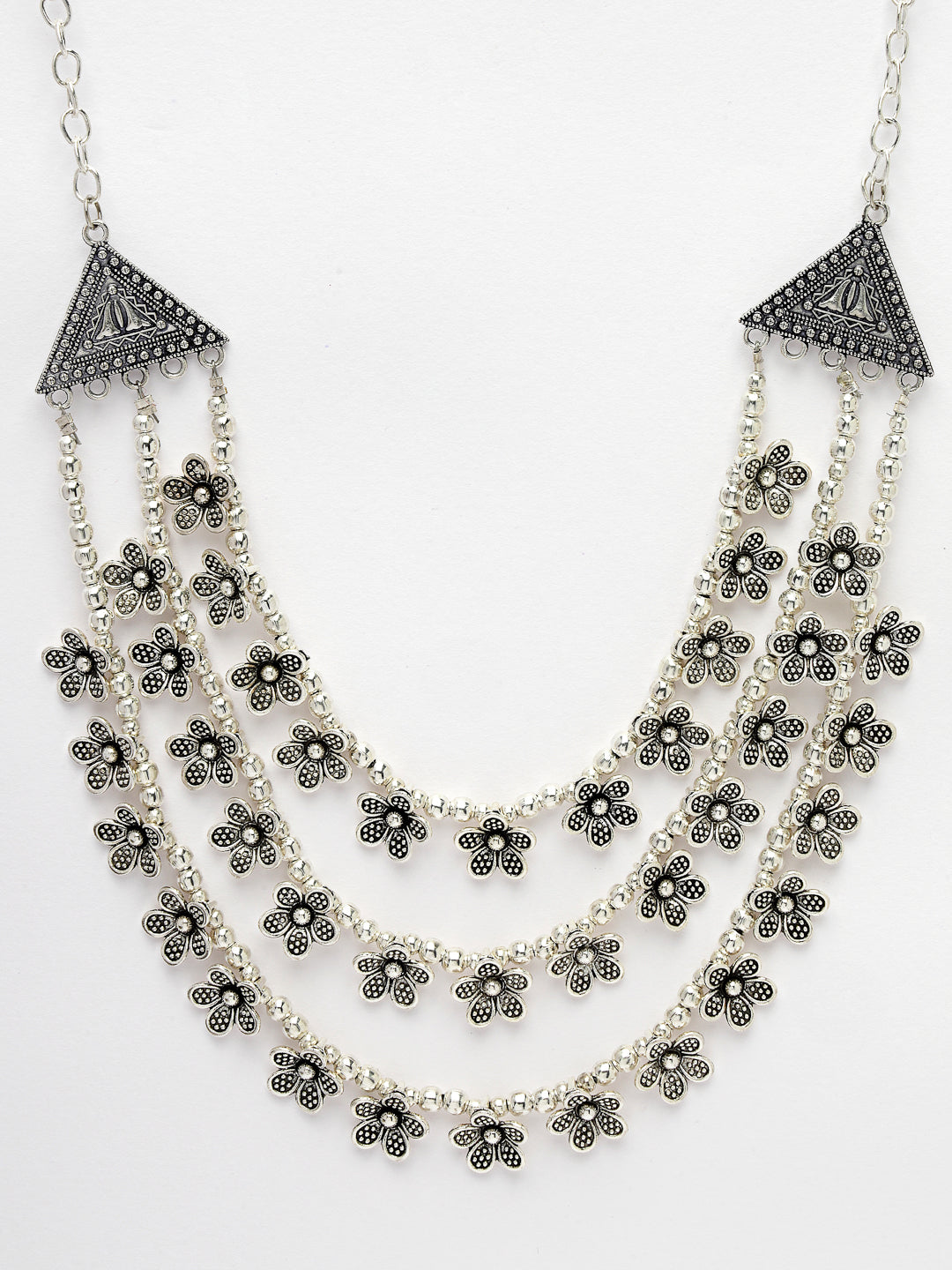 Women's 3 Layered Floral Shape Artificial Beads German Silver Oxidised Necklace