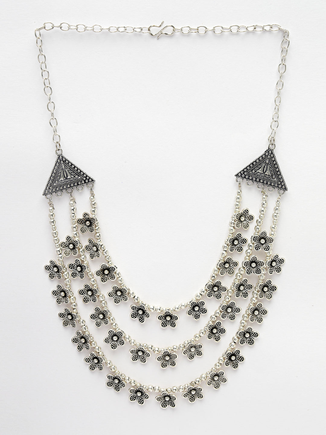 Women's 3 Layered Floral Shape Artificial Beads German Silver Oxidised Necklace