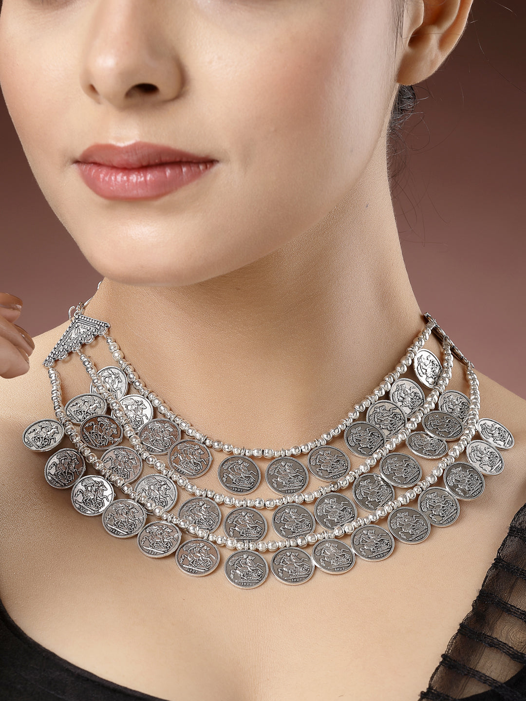 Women's 3 Layered Artificial Beads German Silver Oxidised Necklace