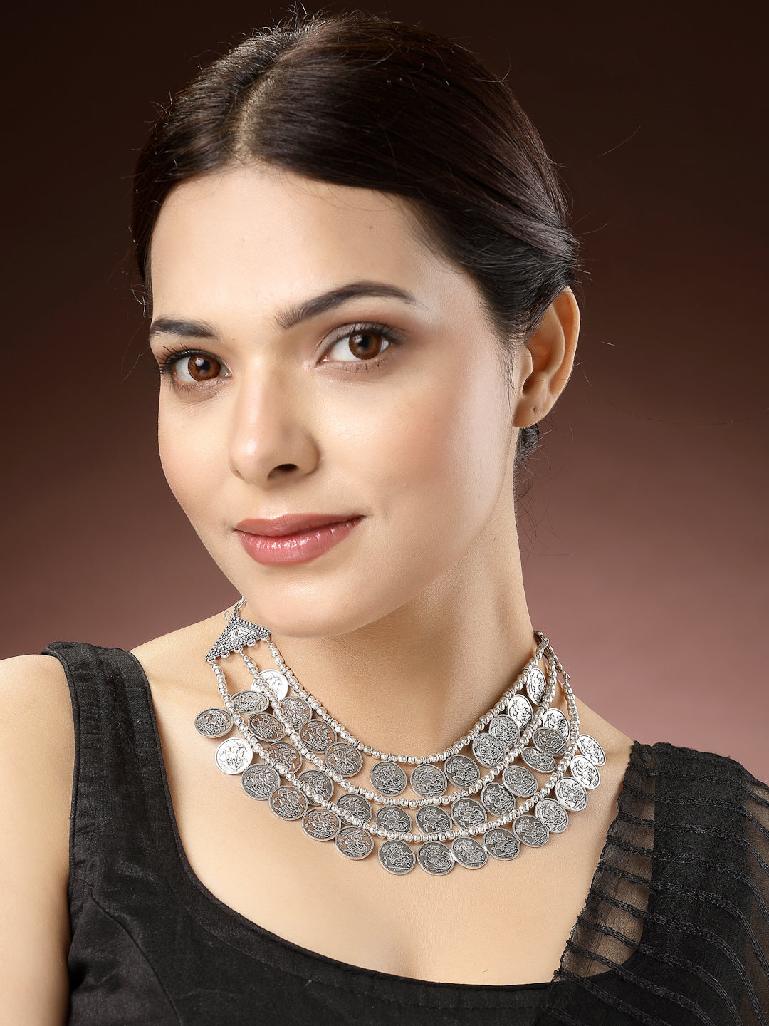 Women's 3 Layered Artificial Beads German Silver Oxidised Necklace