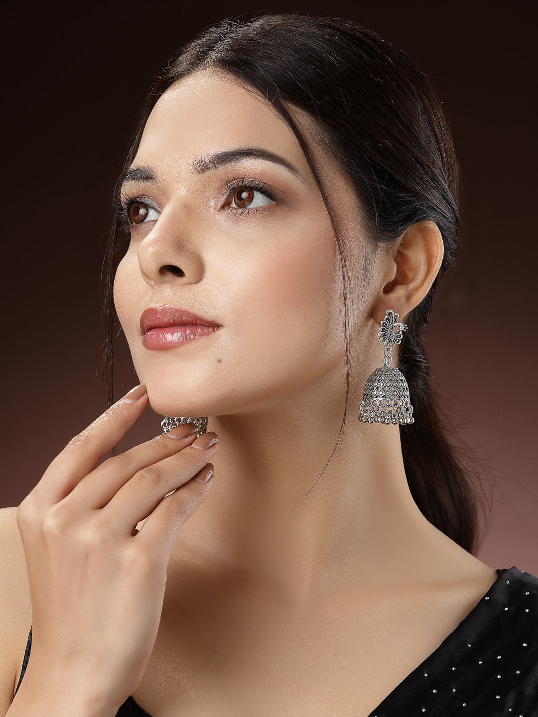 Women's Silver-Toned Peacock Design German Silver Oxidised Dome Shaped Jhumka Earrings